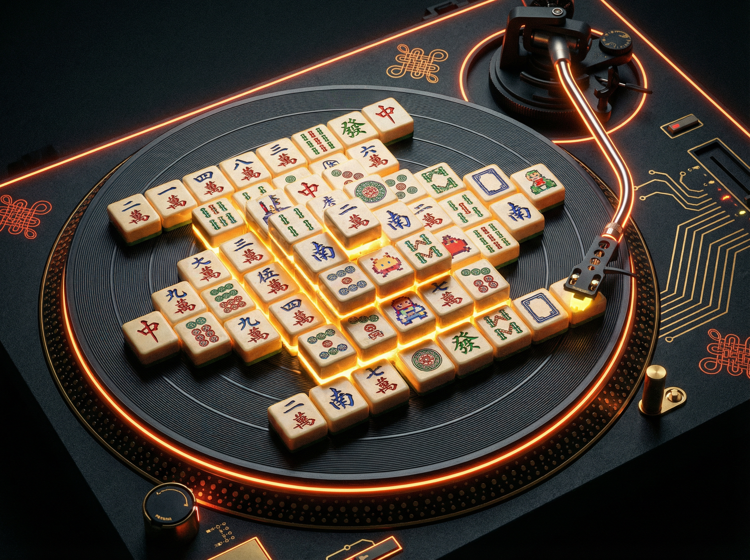 ag捕鱼 - pg麻将胡了游戏界面展示，麻将牌与唱片机的创意融合